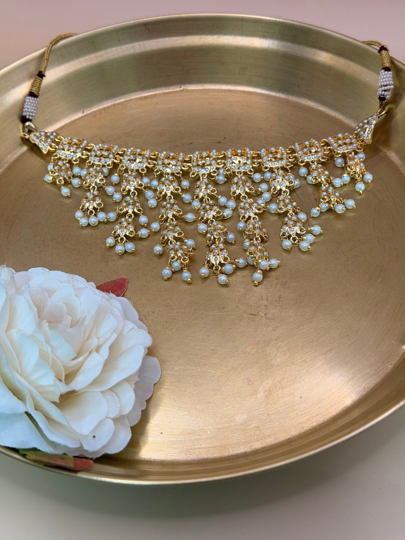 Jadau White AD Pearl Tassel Choker Necklace Set - Suramya