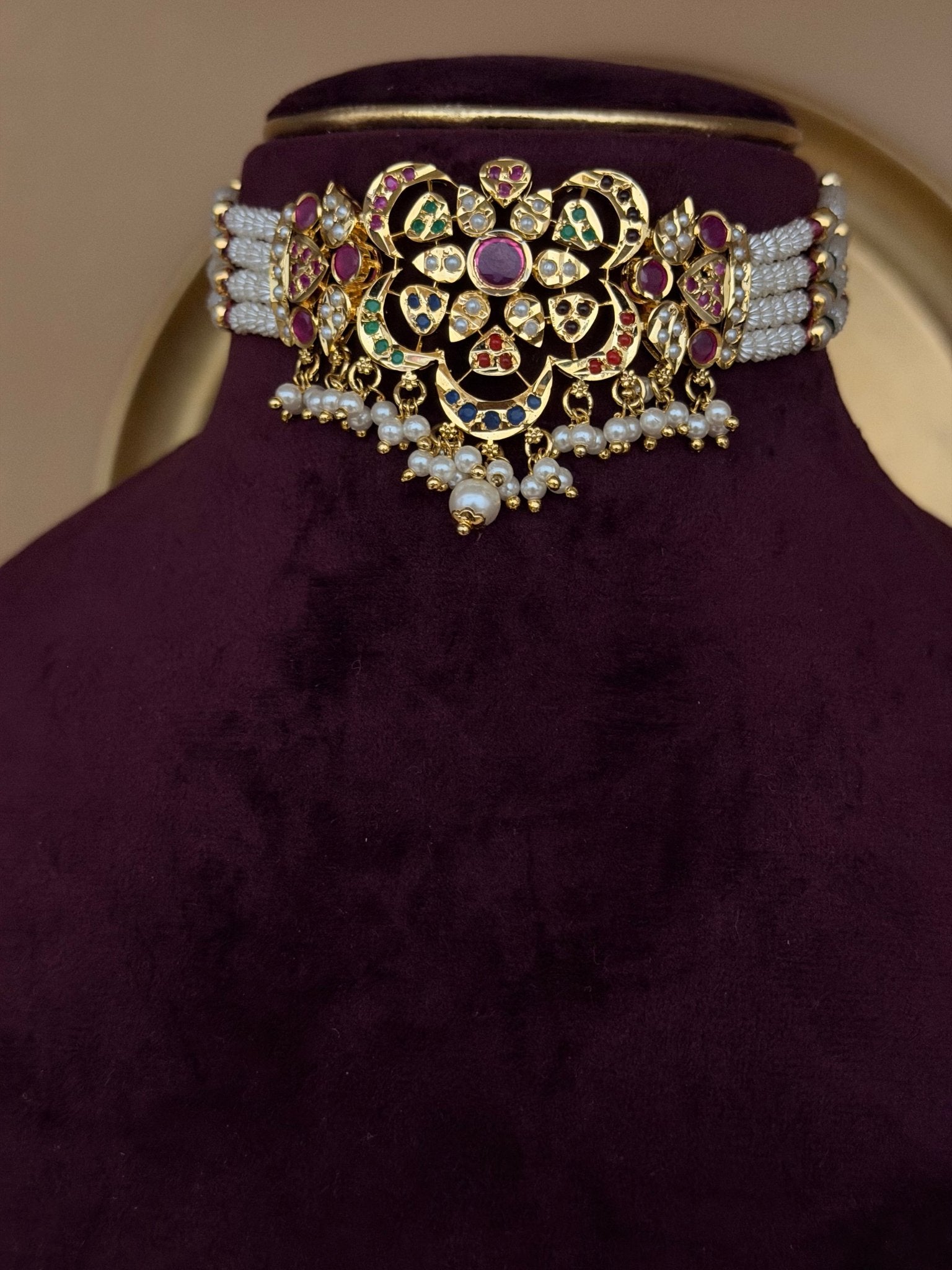 Jadua Navratan Floral Motif Pearl Choker Necklace - Suramya