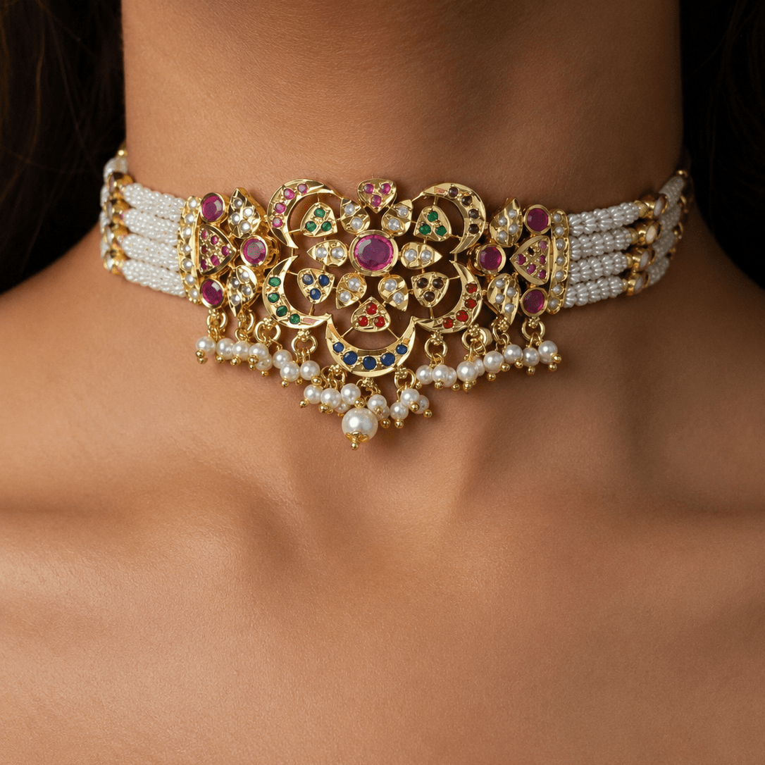 Jadua Navratan Floral Motif Pearl Choker Necklace - Suramya