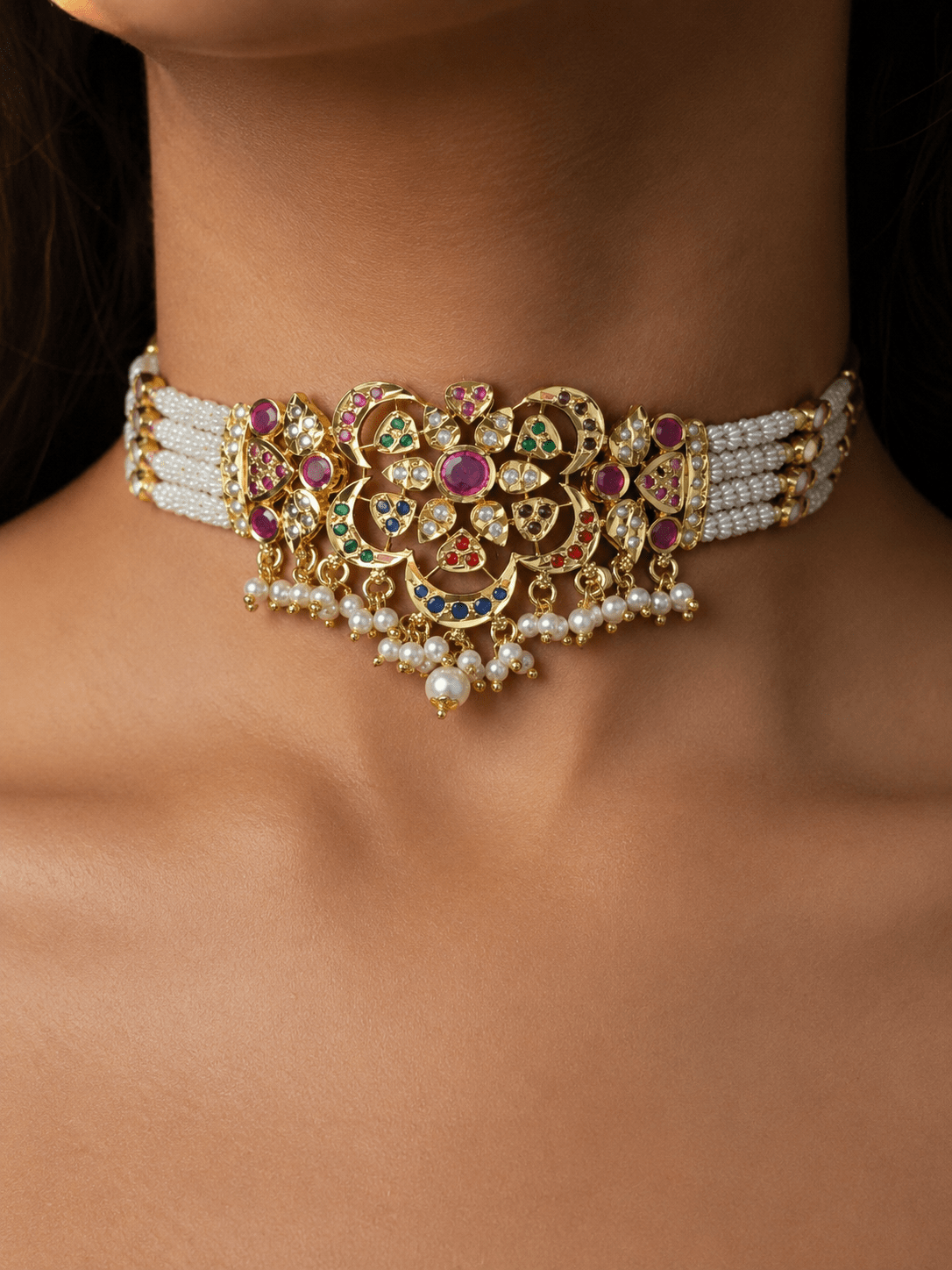 Jadua Navratan Floral Motif Pearl Choker Necklace - Suramya