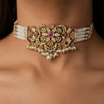 Jadua Navratan Floral Motif Pearl Choker Necklace - Suramya