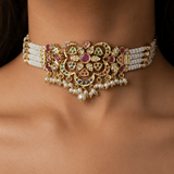 Jadua Navratan Floral Motif Pearl Choker Necklace - Suramya