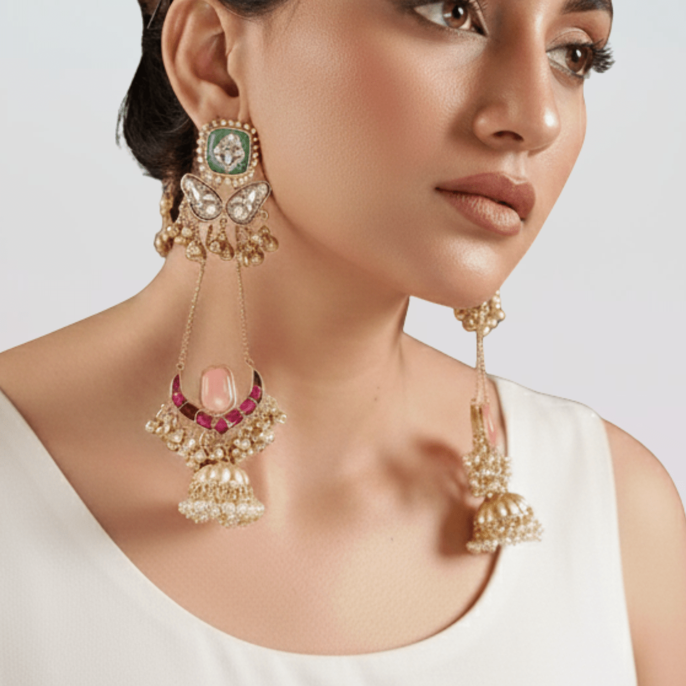 Kashmiri-Inspired Mint & Blush Kundan Long Jhumka Earrings - Suramya