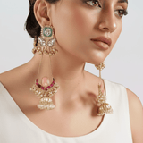 Kashmiri-Inspired Mint & Blush Kundan Long Jhumka Earrings - Suramya