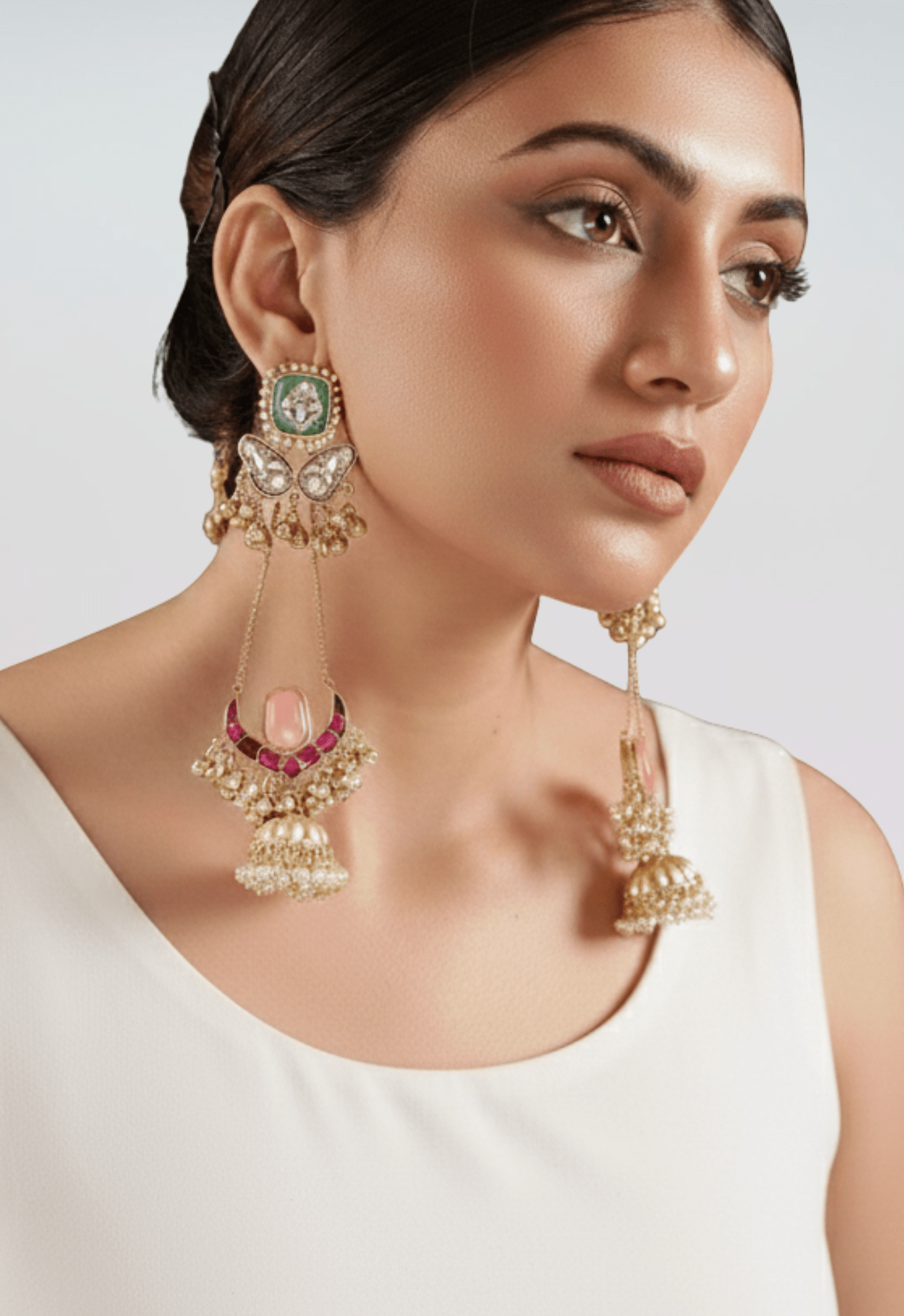 Kashmiri-Inspired Mint & Blush Kundan Long Jhumka Earrings - Suramya