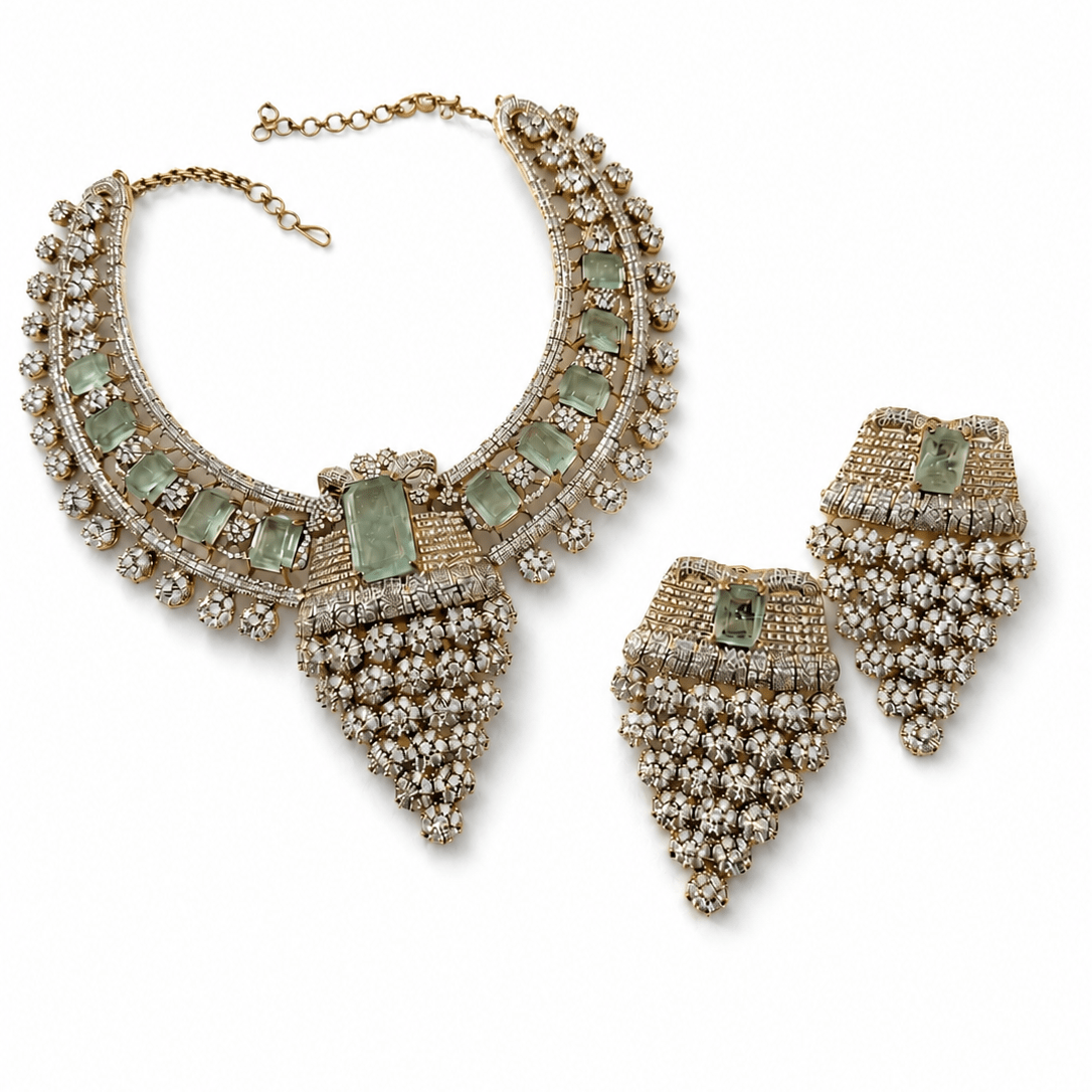 Maharani Amal Mint & Diamond Zircon Luxe Couture Statement Necklace Set - Suramya Designs