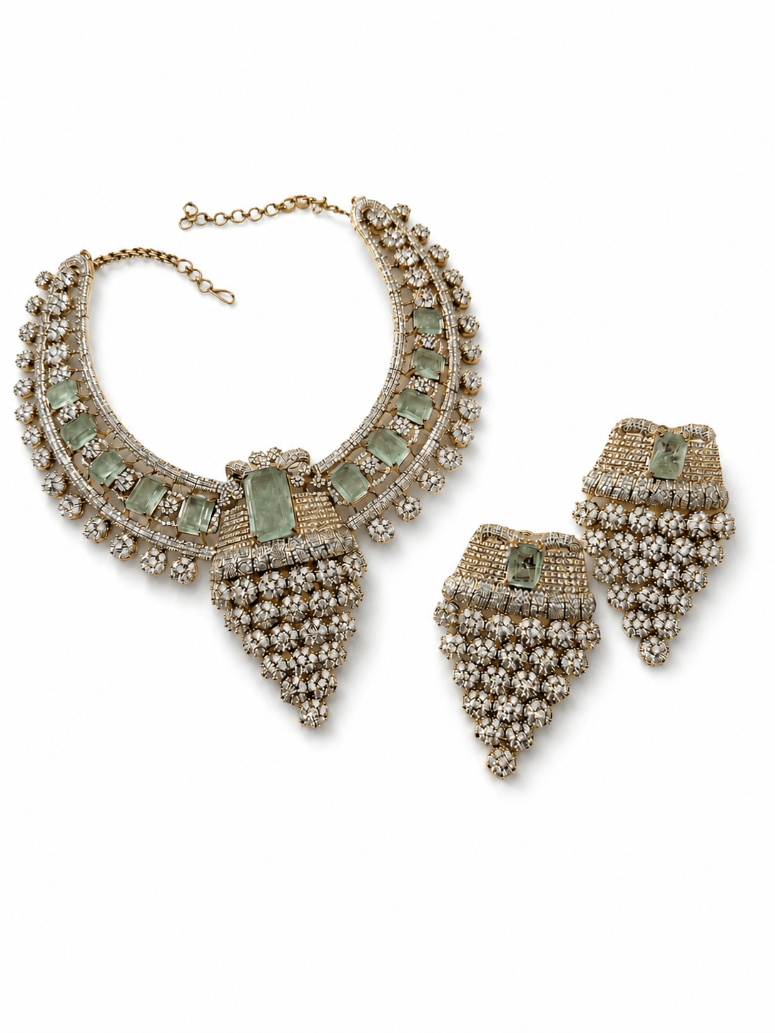 Maharani Amal Mint & Diamond Zircon Luxe Couture Statement Necklace Set - Suramya Designs