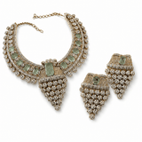 Maharani Amal Mint & Diamond Zircon Luxe Couture Statement Necklace Set - Suramya Designs