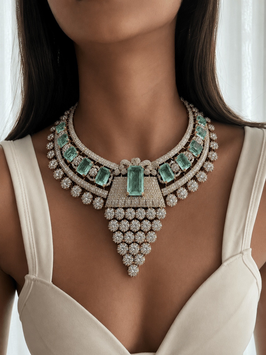 Maharani Amal Mint & Diamond Zircon Luxe Couture Statement Necklace Set - Suramya Designs