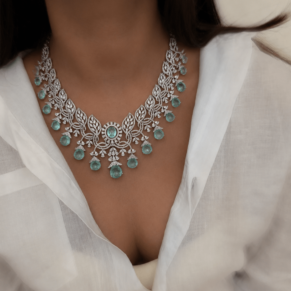 Mint & Diamond Zircon Statement Necklace Set (Necklace & Earrings) - Suramya
