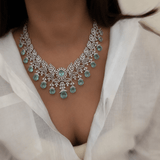 Mint & Diamond Zircon Statement Necklace Set (Necklace & Earrings) - Suramya