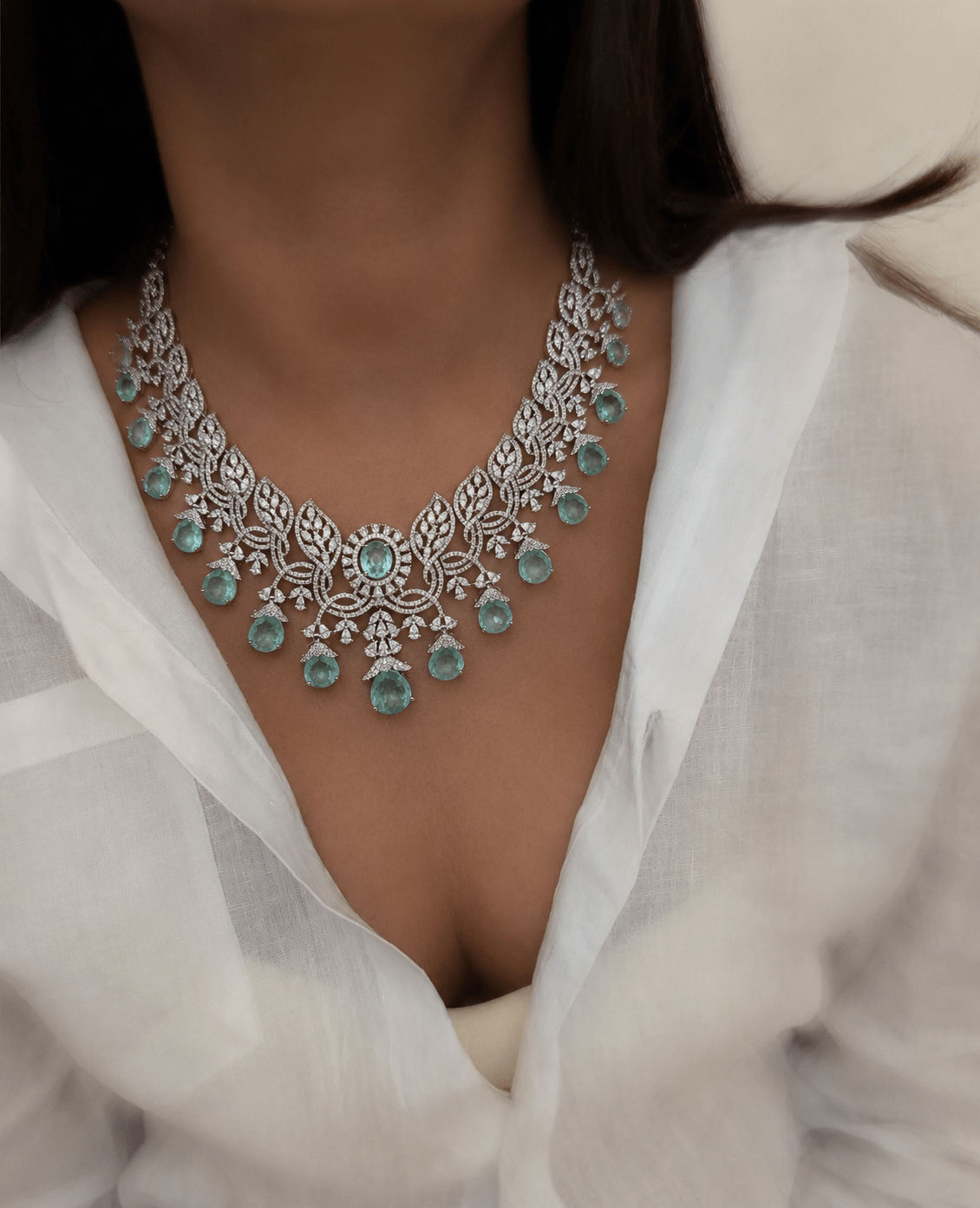 Mint & Diamond Zircon Statement Necklace Set (Necklace & Earrings) - Suramya