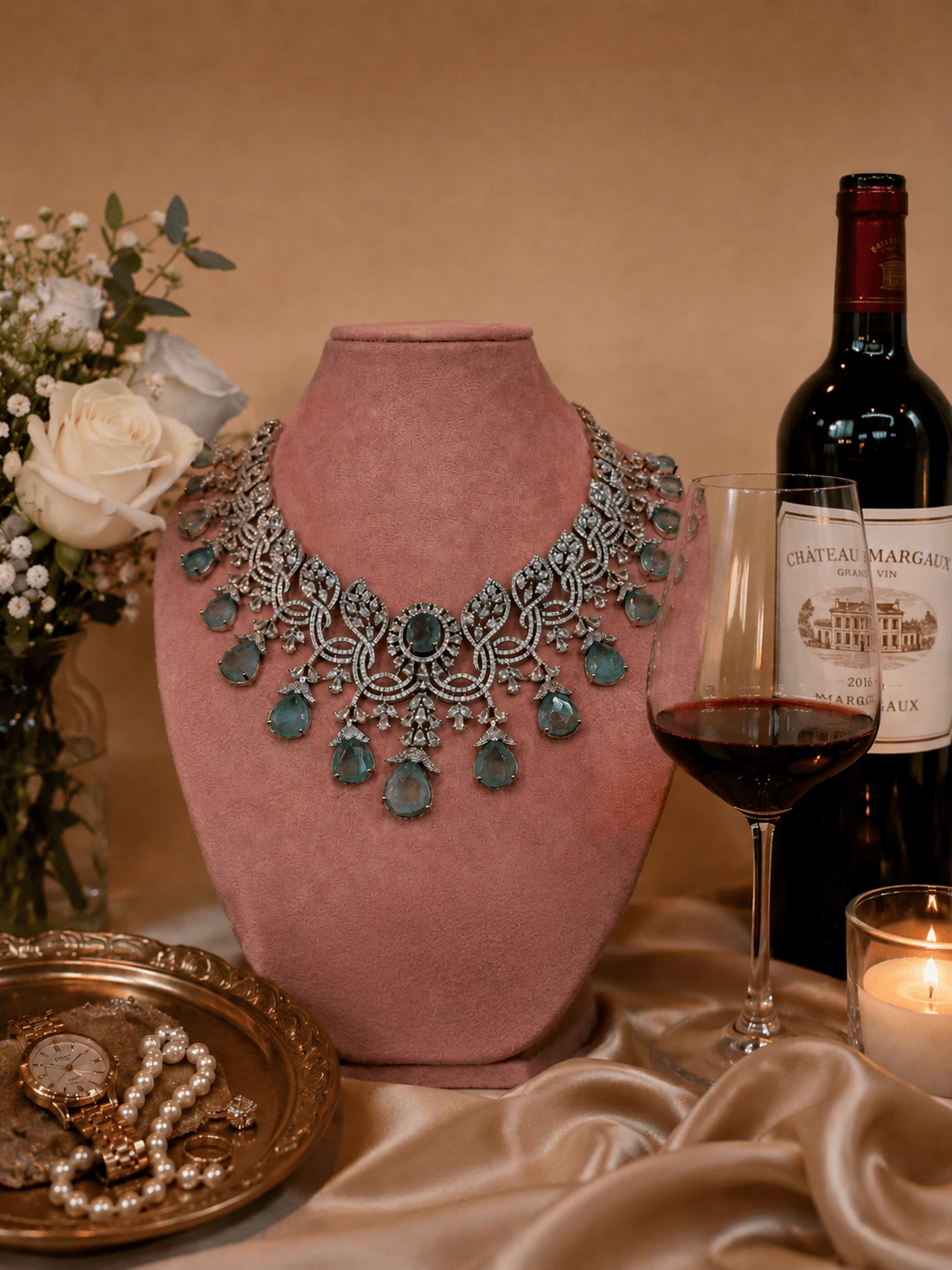 Mint & Diamond Zircon Statement Necklace Set (Necklace & Earrings) - Suramya