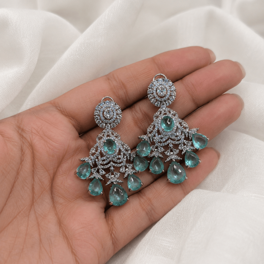 Mint & Diamond Zircon Statement Necklace Set (Necklace & Earrings) - Suramya