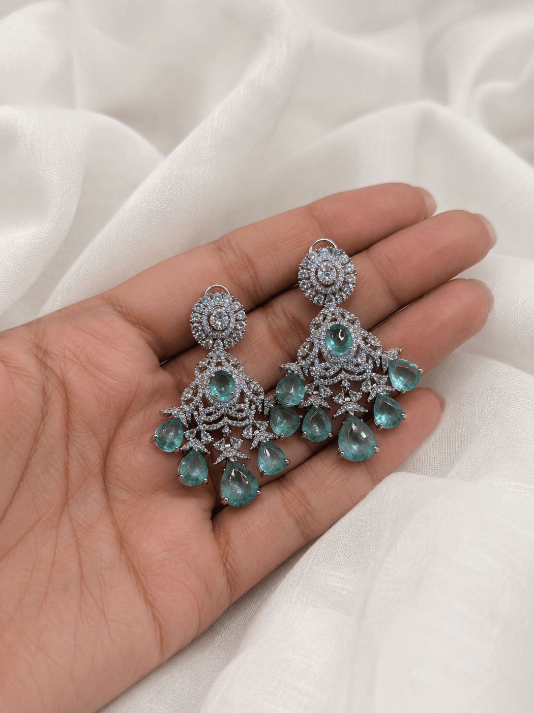 Mint & Diamond Zircon Statement Necklace Set (Necklace & Earrings) - Suramya