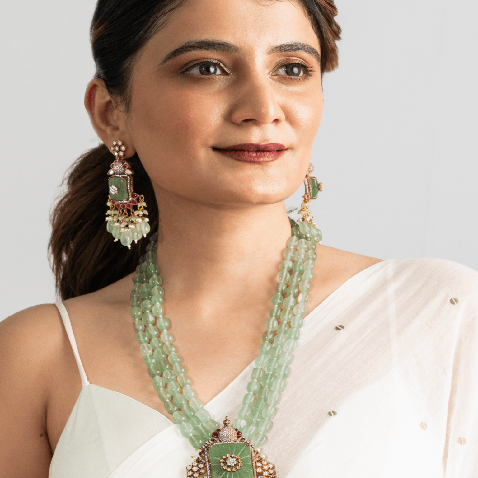 Mint Green Kundan Victorian Peacock Necklace Set - Suramya