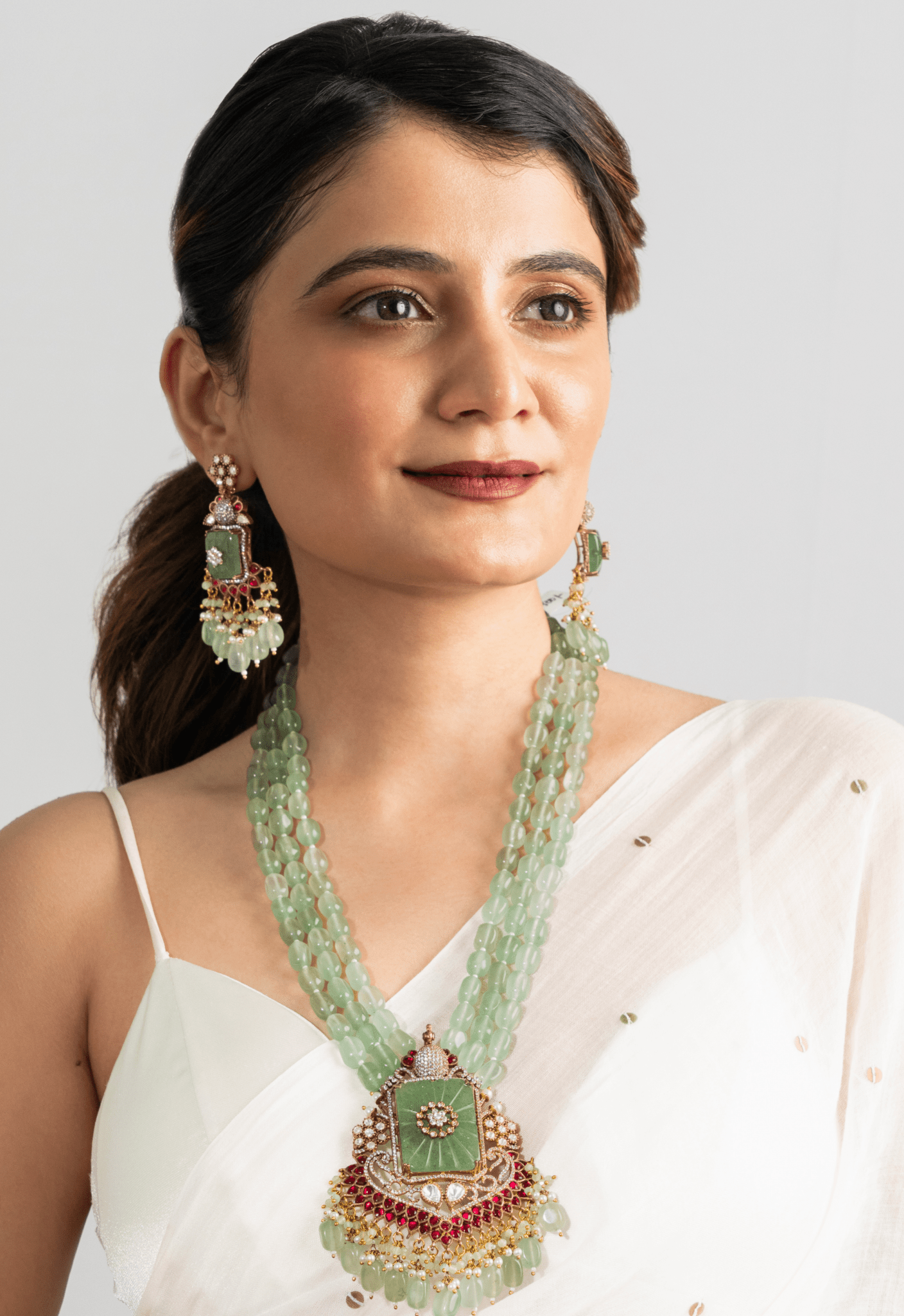 Mint Green Kundan Victorian Peacock Necklace Set - Suramya