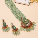 Mint Green Kundan Victorian Peacock Necklace Set - Suramya