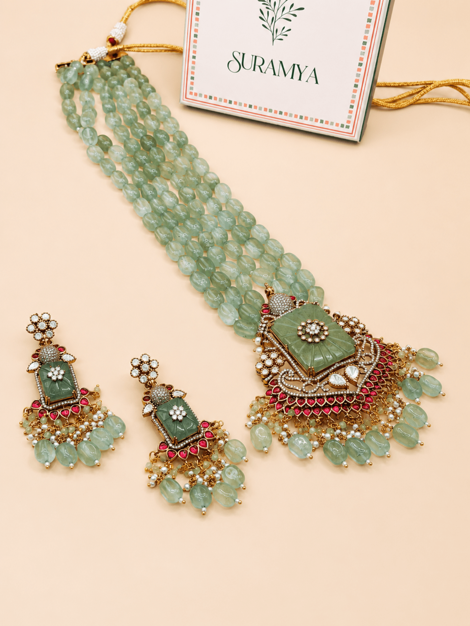 Mint Green Kundan Victorian Peacock Necklace Set - Suramya