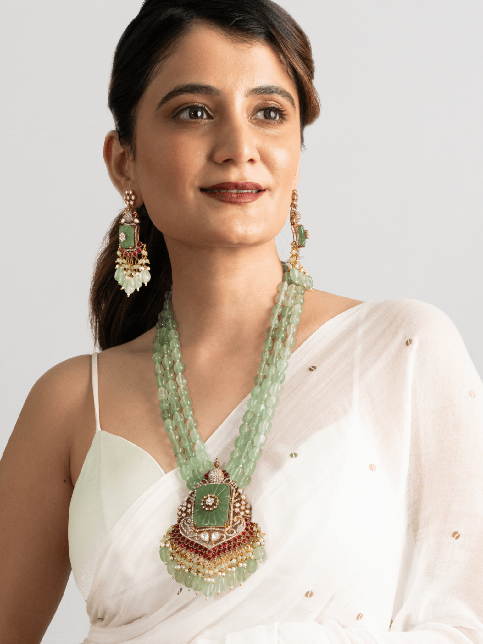 Mint Green Kundan Victorian Peacock Necklace Set - Suramya