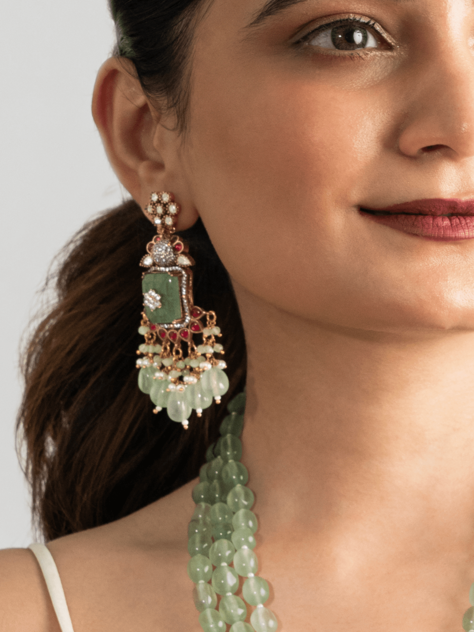 Mint Green Kundan Victorian Peacock Necklace Set - Suramya