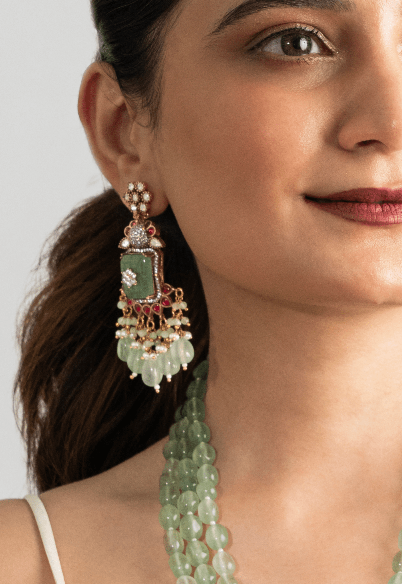 Mint Green Kundan Victorian Peacock Necklace Set - Suramya