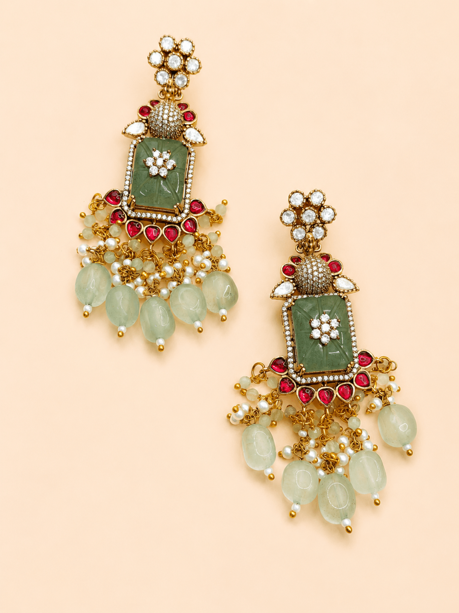 Mint Green Kundan Victorian Peacock Necklace Set - Suramya