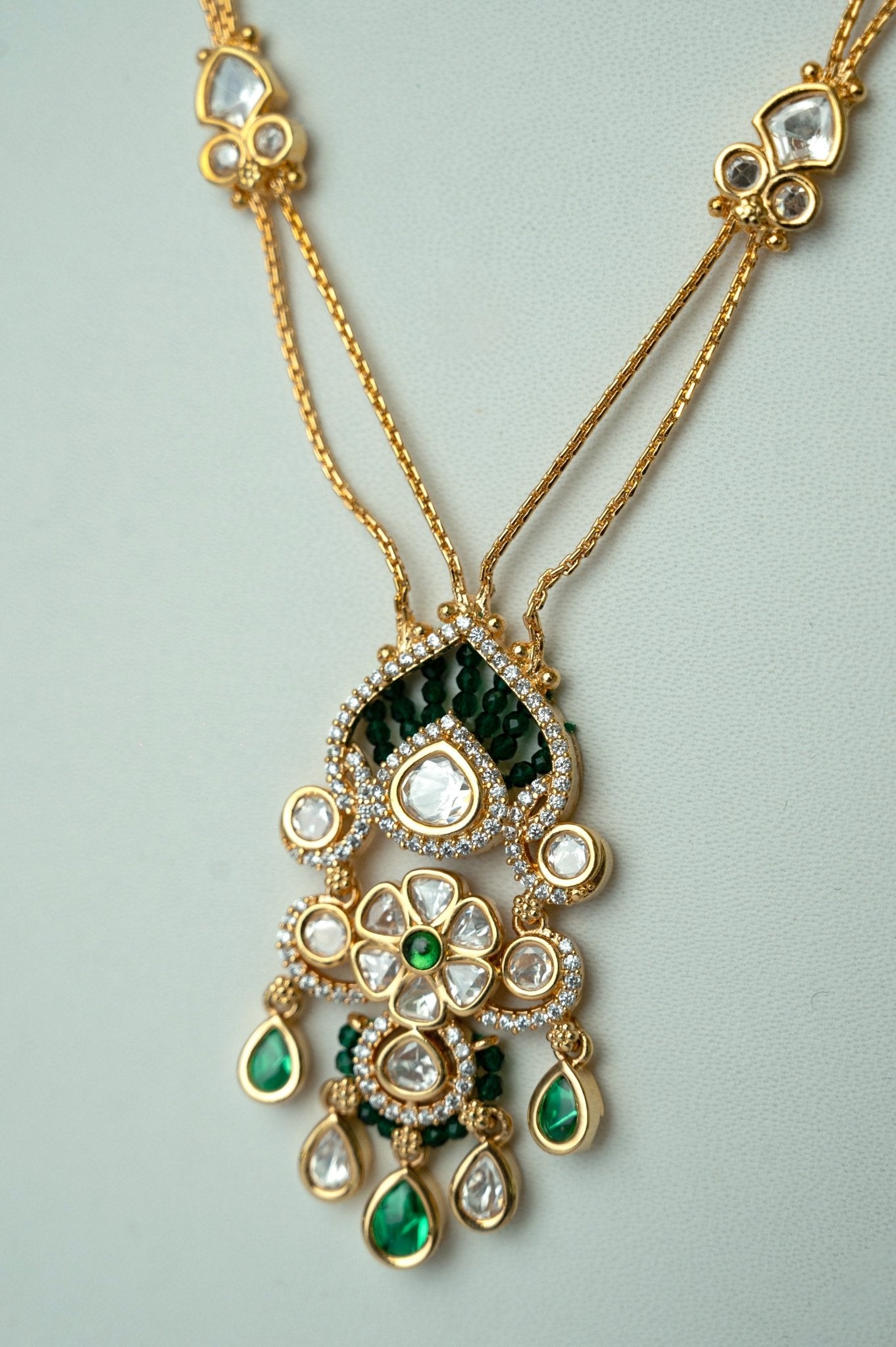 Moissanite & Emerald Chandelier Necklace Set with Earrings - Suramya