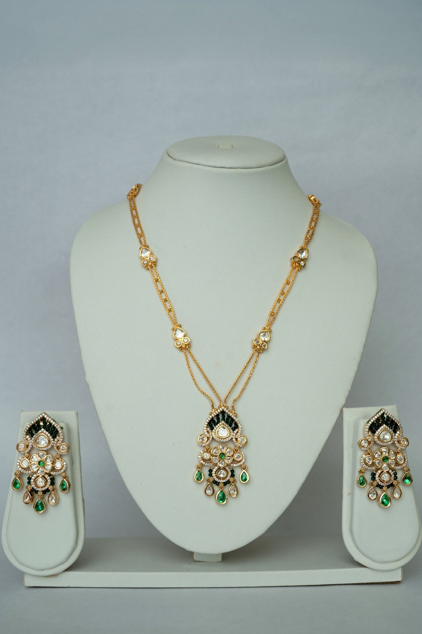 Moissanite & Emerald Chandelier Necklace Set with Earrings - Suramya
