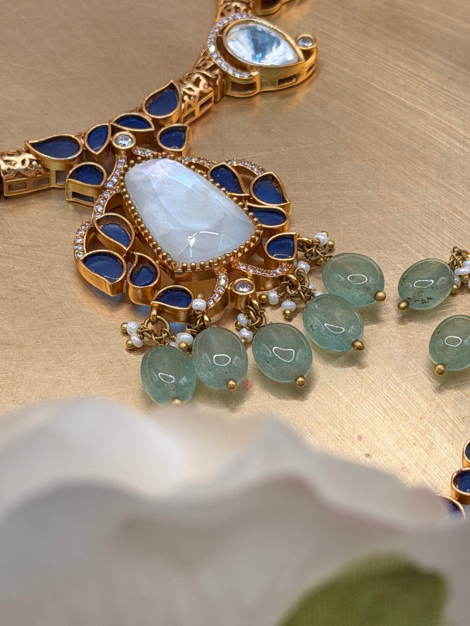 Moonstone Blue Kundan Statement Necklace - Suramya