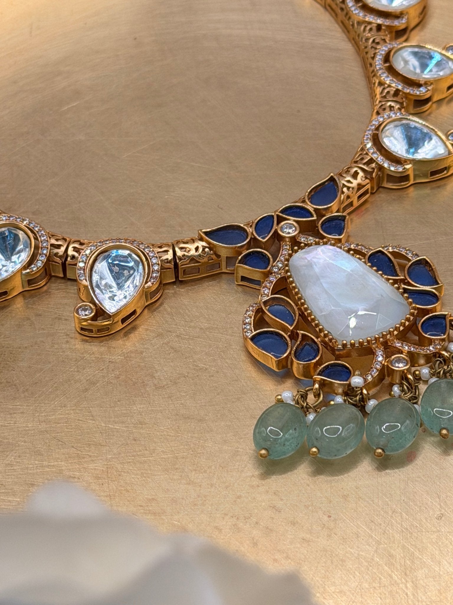 Moonstone Blue Kundan Statement Necklace - Suramya