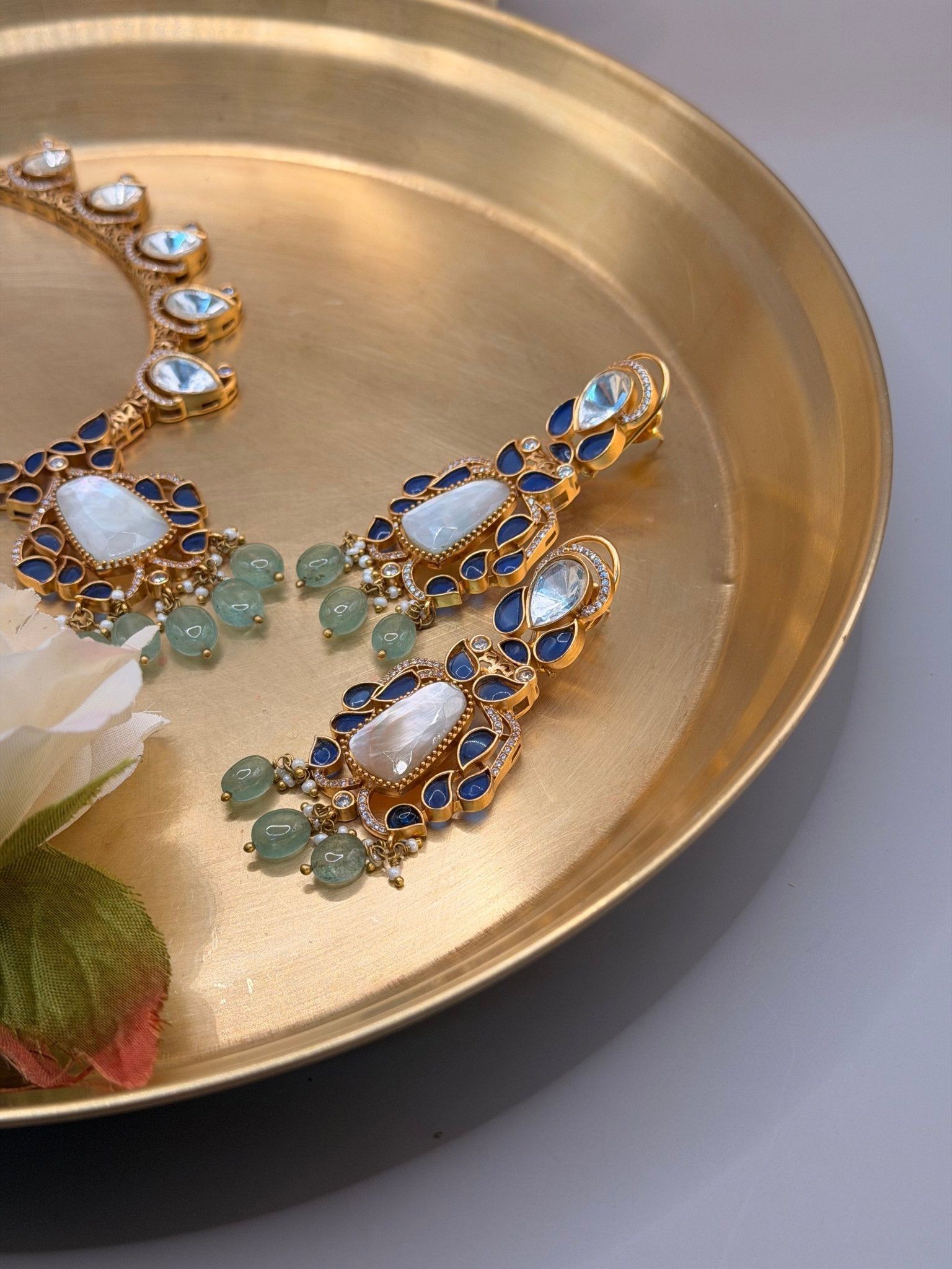 Moonstone Blue Kundan Statement Necklace - Suramya