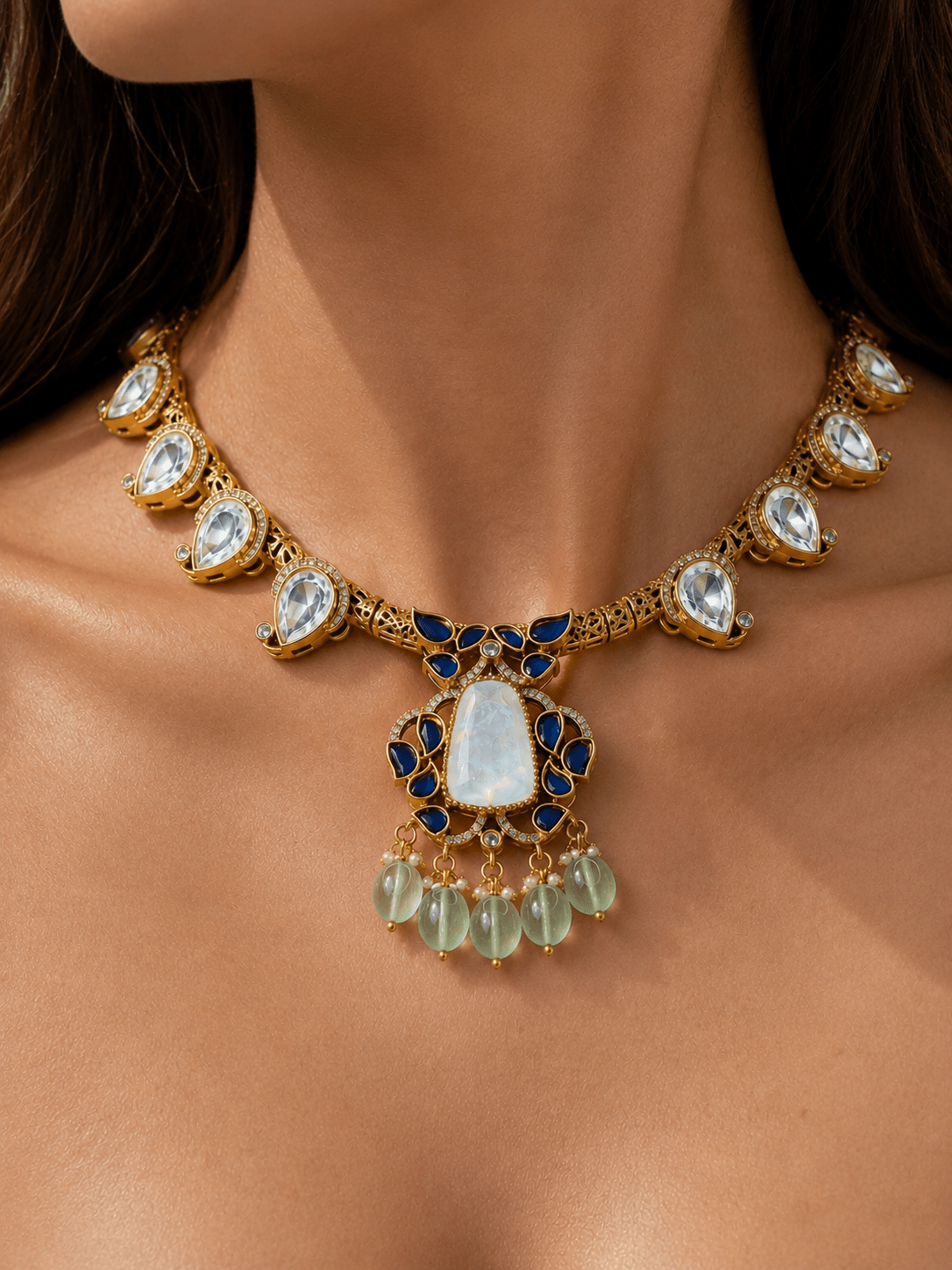 Moonstone Blue Kundan Statement Necklace - Suramya