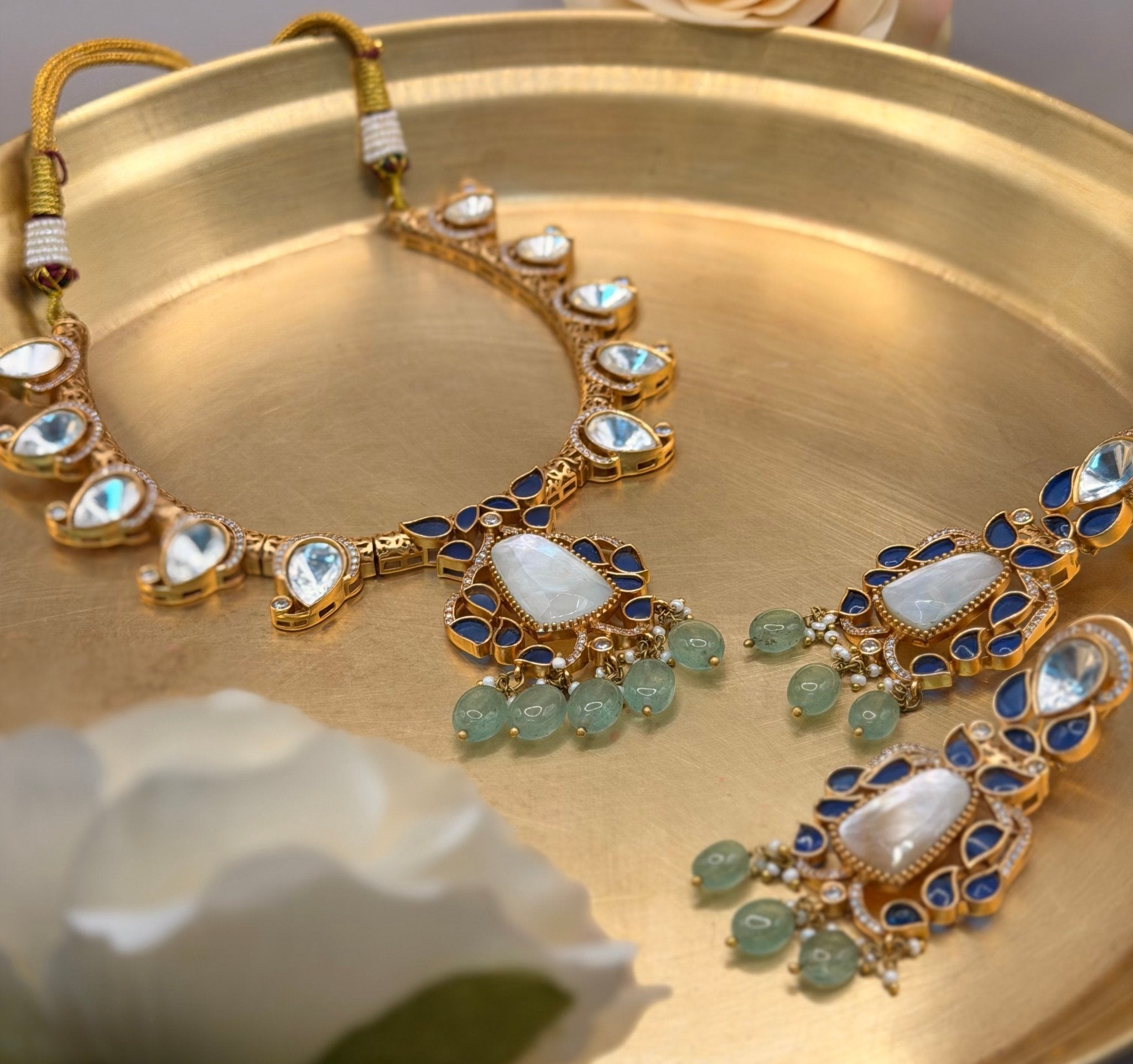 Moonstone Blue Kundan Statement Necklace - Suramya