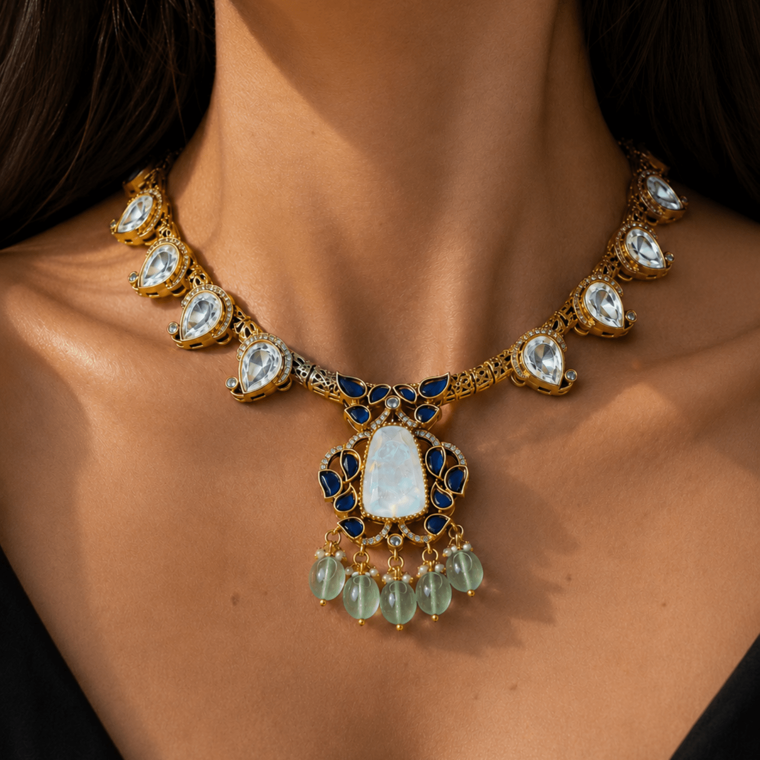 Moonstone Blue Kundan Statement Necklace - Suramya Designs