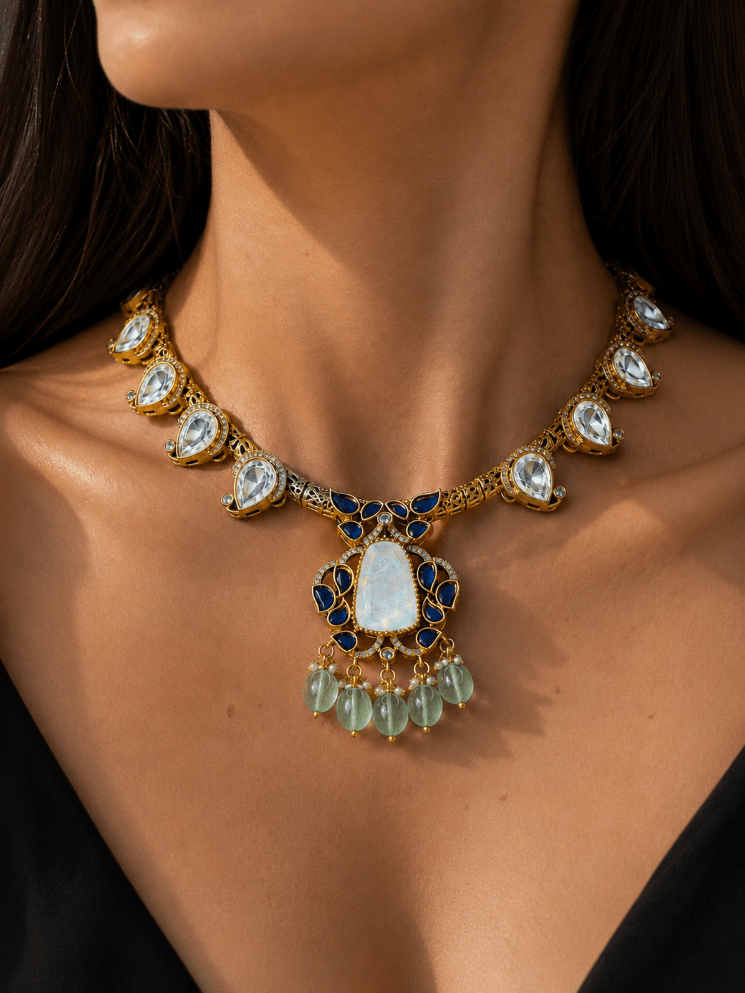 Moonstone Blue Kundan Statement Necklace - Suramya Designs