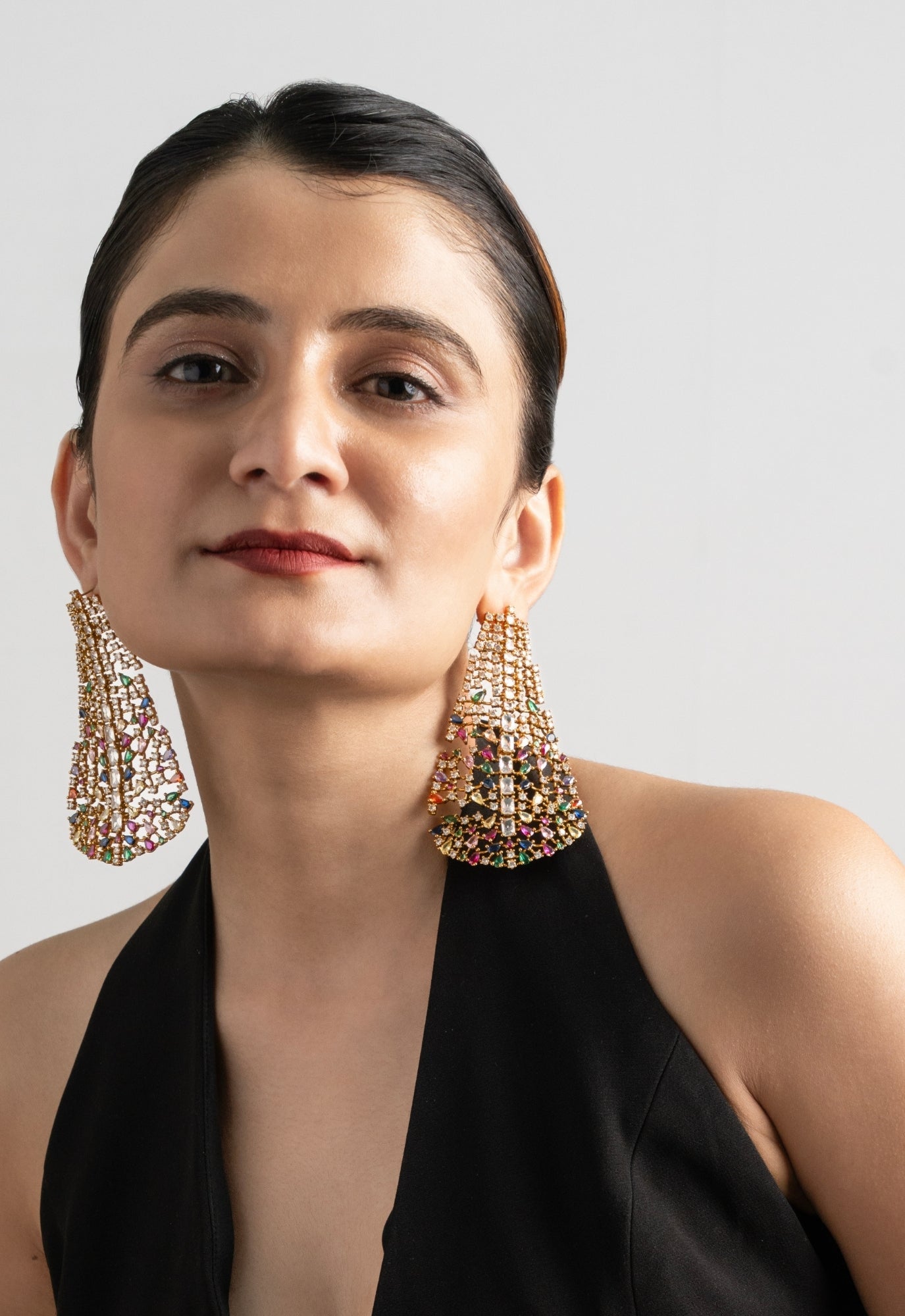 Multicolour Crystal Statement Drop Long Earrings - Suramya