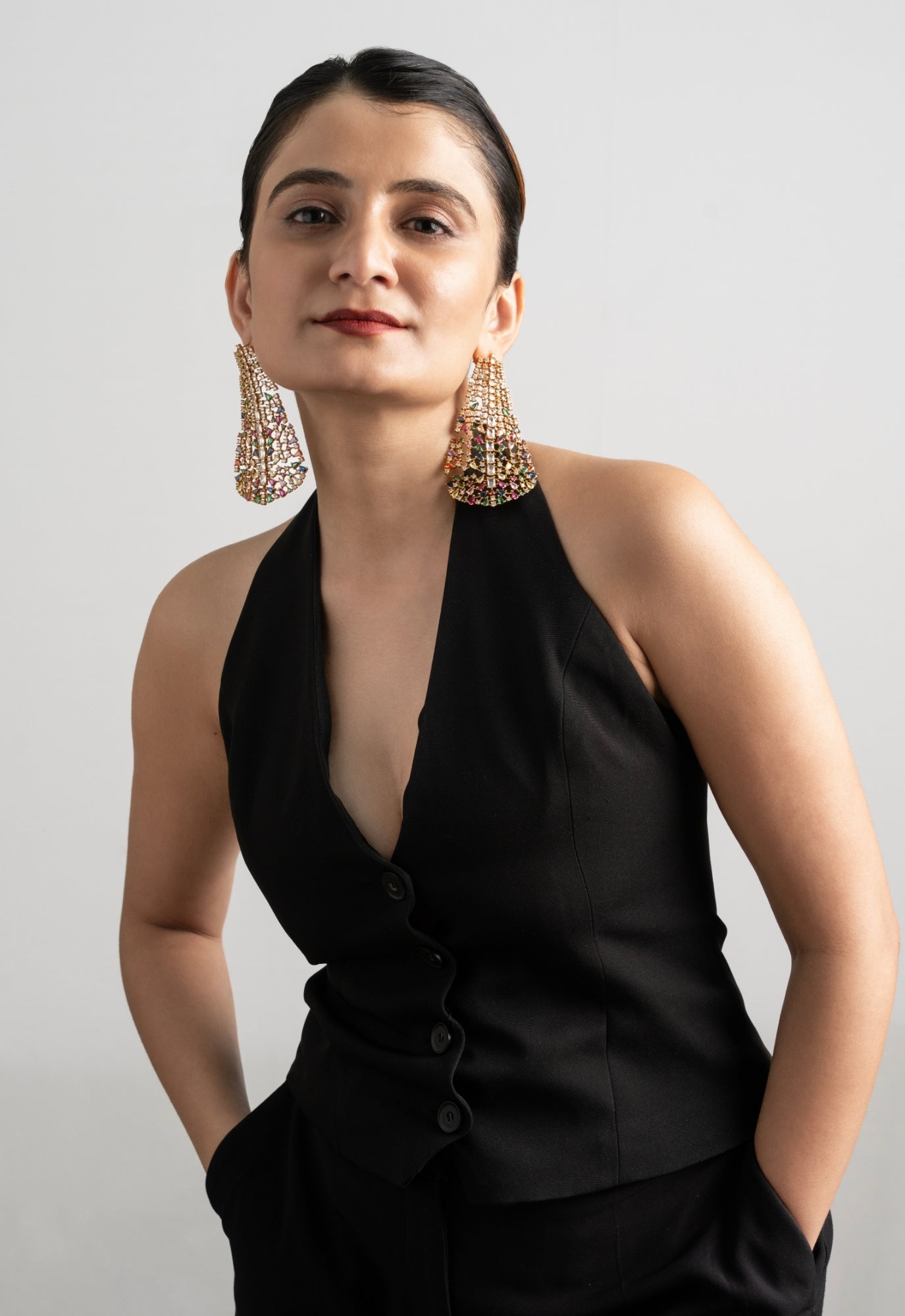 Multicolour Crystal Statement Drop Long Earrings - Suramya