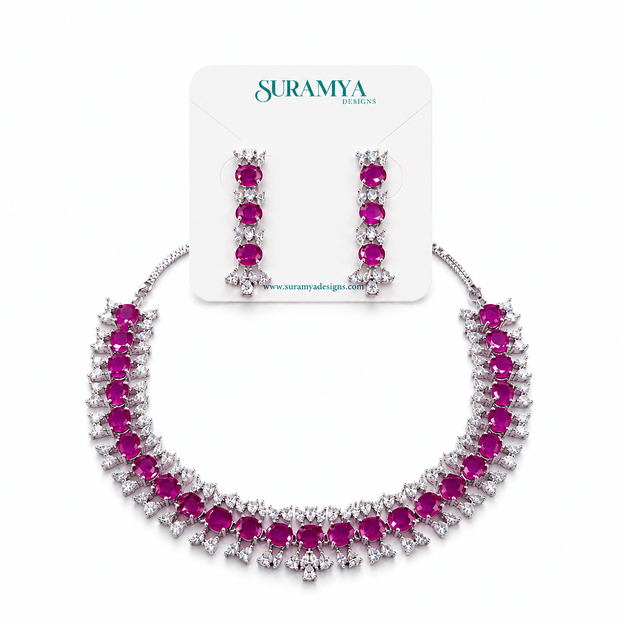 Nayra Elegance AD (American Diamond Set)- Ruby Pink and Royal Blue