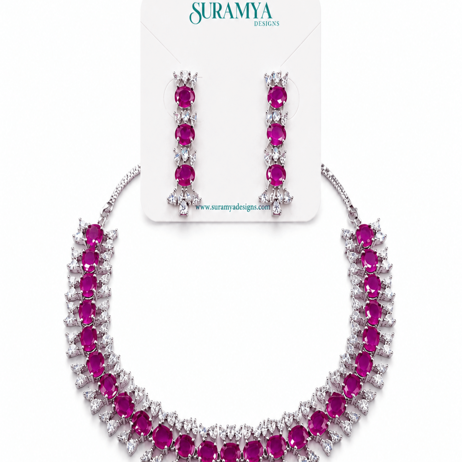 Nayra Elegance AD (American Diamond Set)- Ruby Pink and Royal Blue