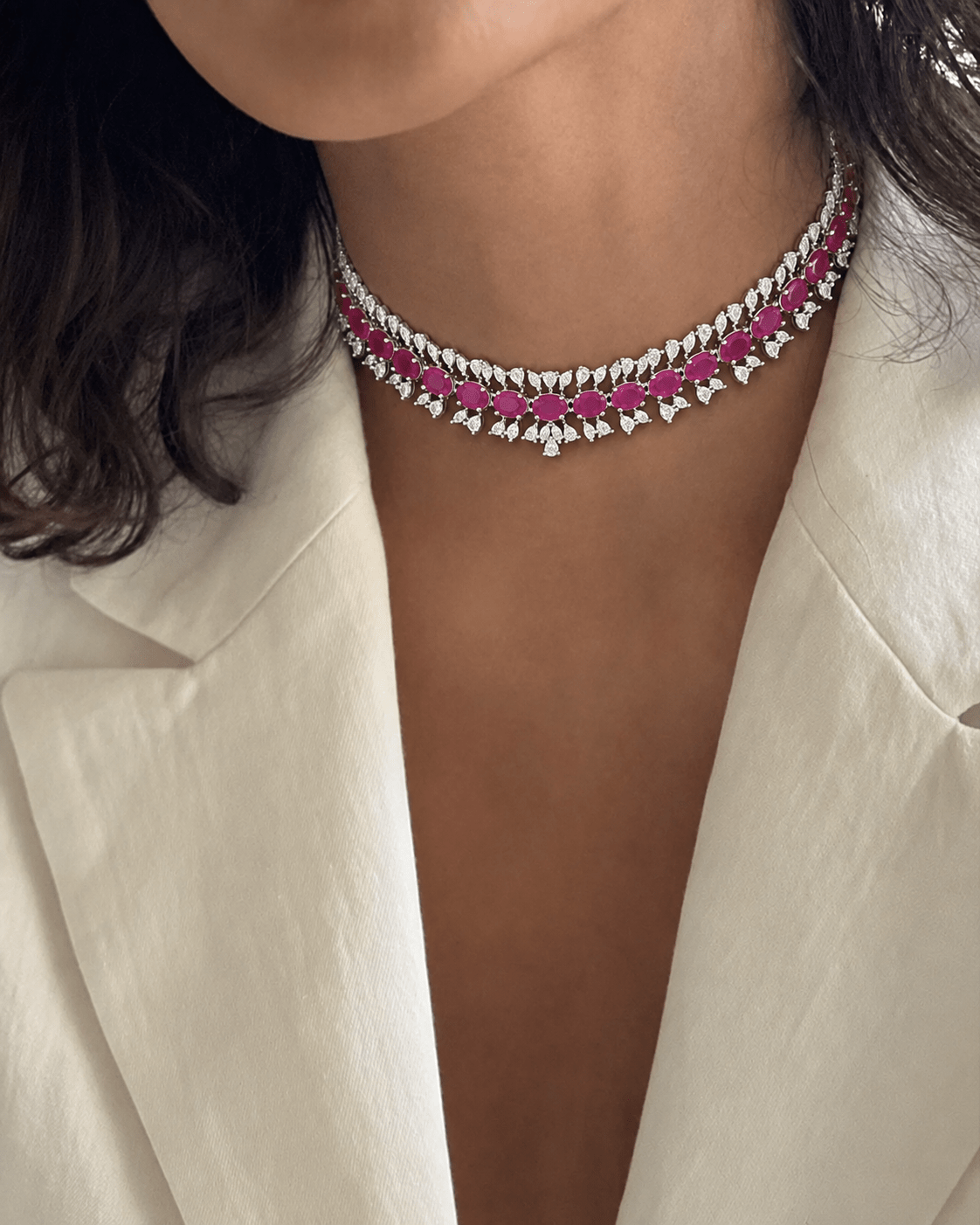 Nayra Elegance AD (American Diamond Set)- Ruby Pink and Royal Blue