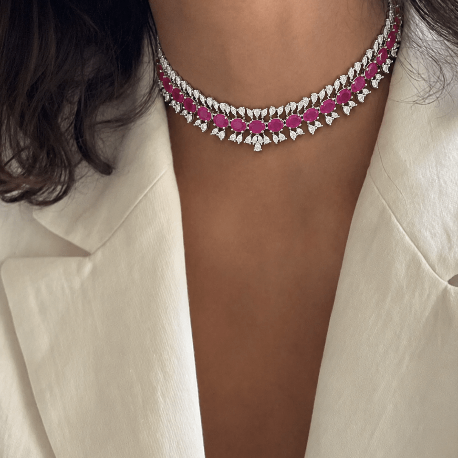 Nayra Elegance AD (American Diamond Set)- Ruby Pink and Royal Blue