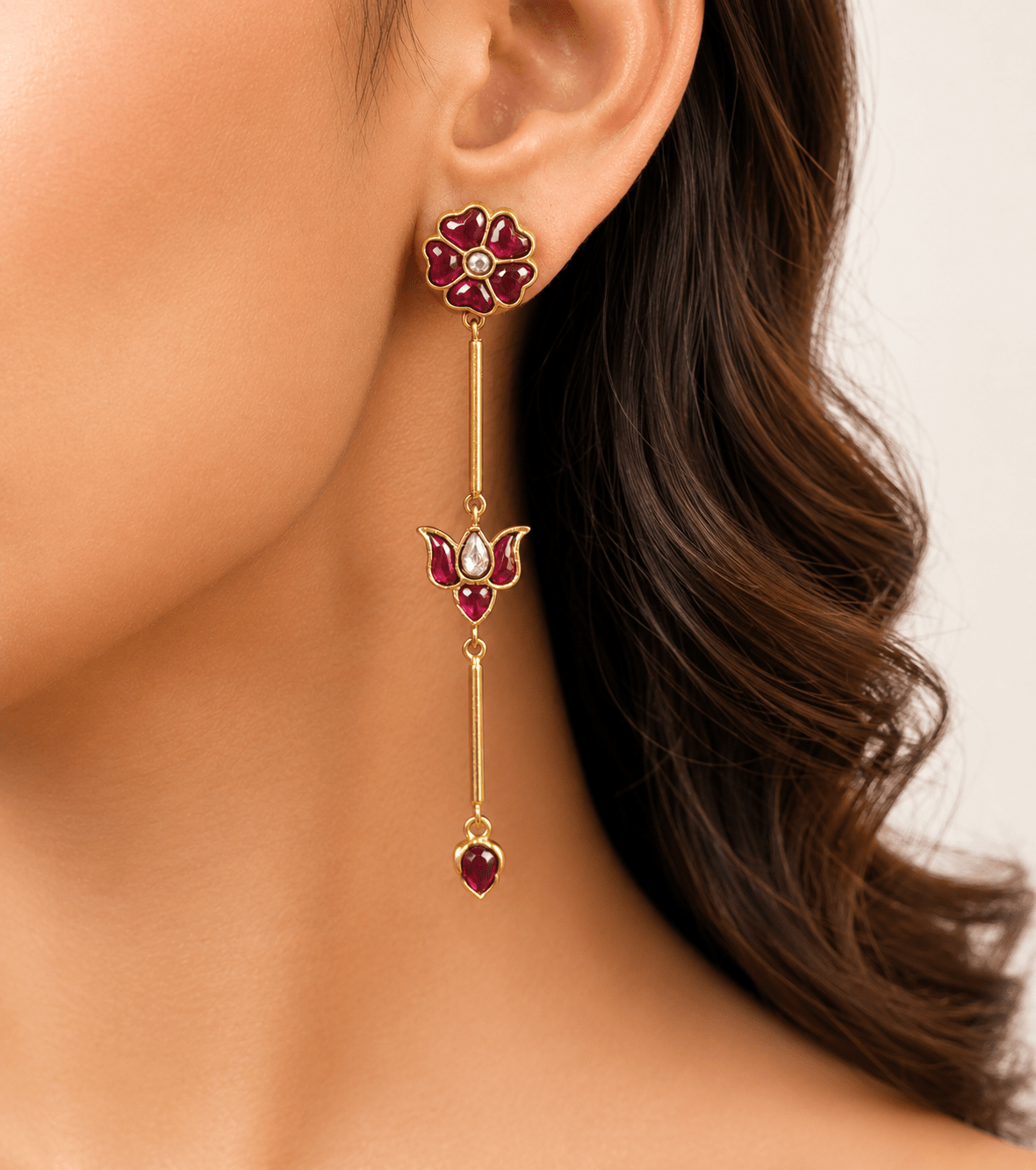 Padma Kundan Drop Earrings – Red & White - Suramya Designs