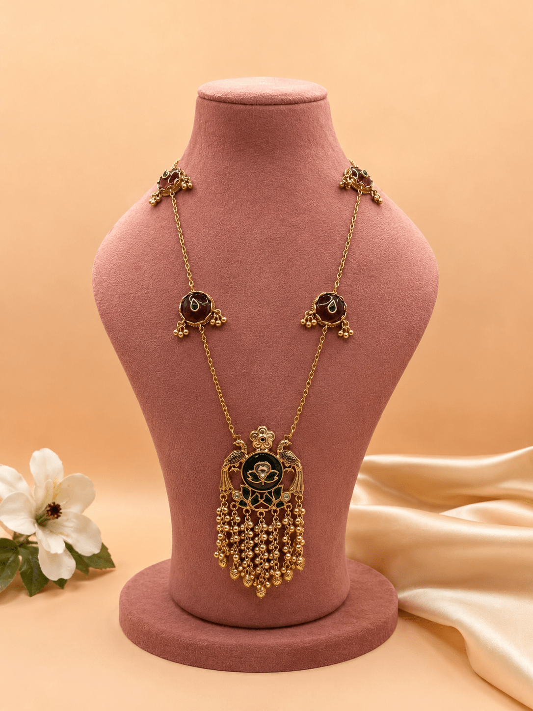 Peacock Enamel Long Necklace Set with Matching Studs - Suramya