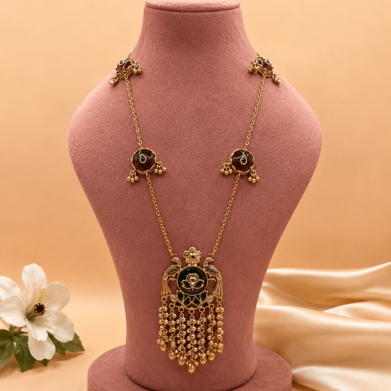 Peacock Enamel Long Necklace Set with Matching Studs - Suramya