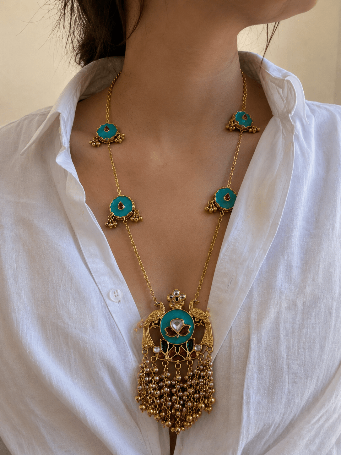 Peacock Enamel Long Necklace Set with Matching Studs - Suramya