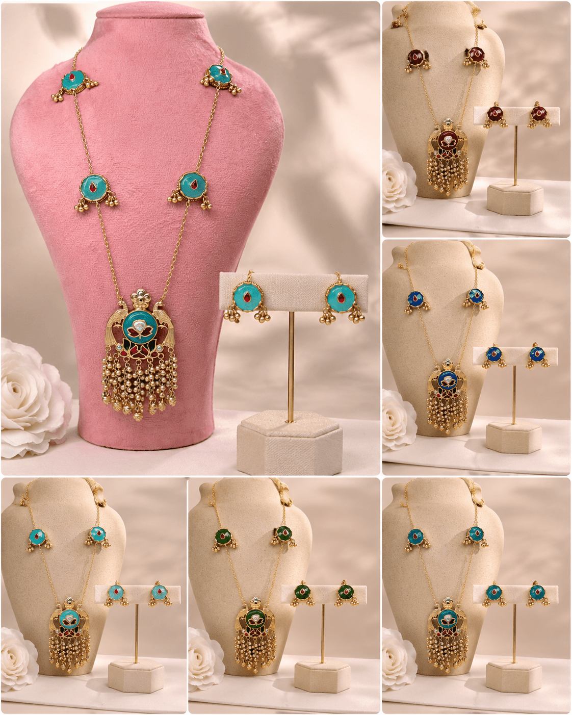 Peacock Enamel Long Necklace Set with Matching Studs - Suramya