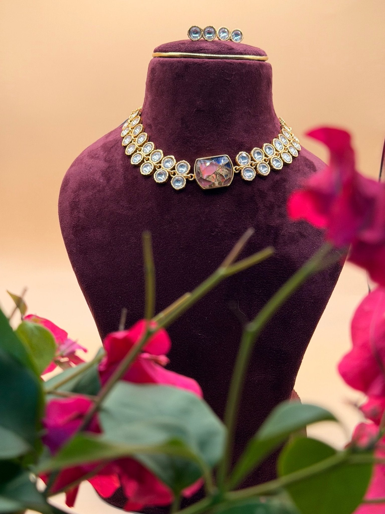 Pink & Blue Mixed Stone Kundan Necklace Set - Suramya