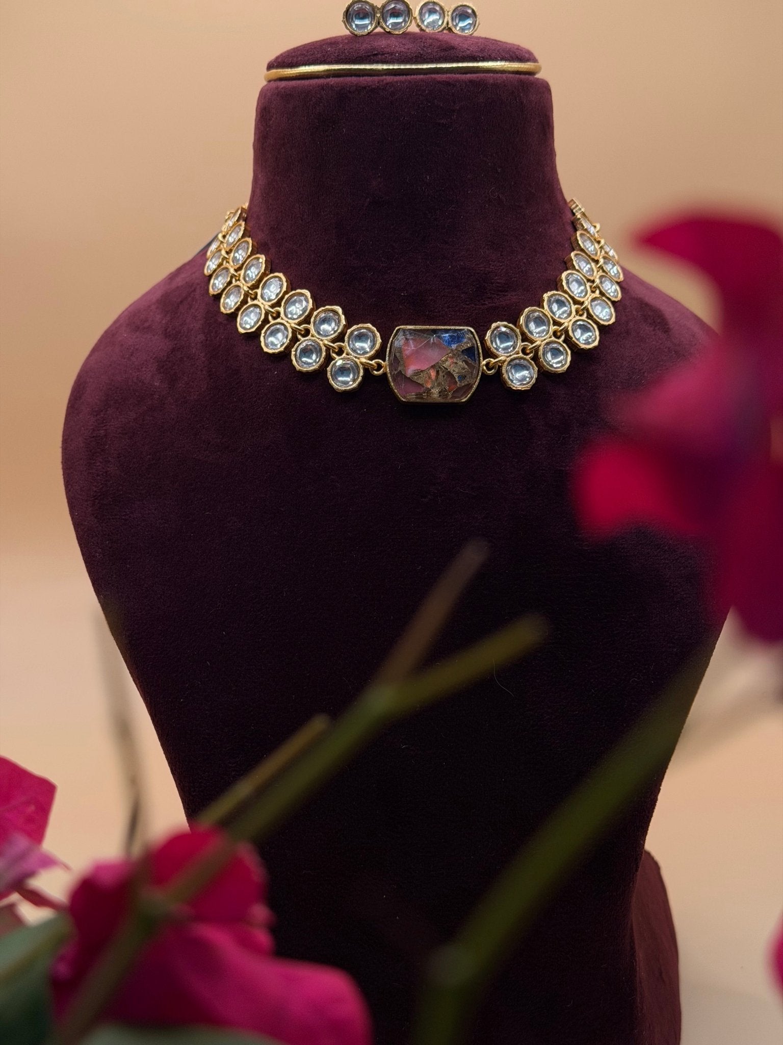 Pink & Blue Mixed Stone Kundan Necklace Set - Suramya
