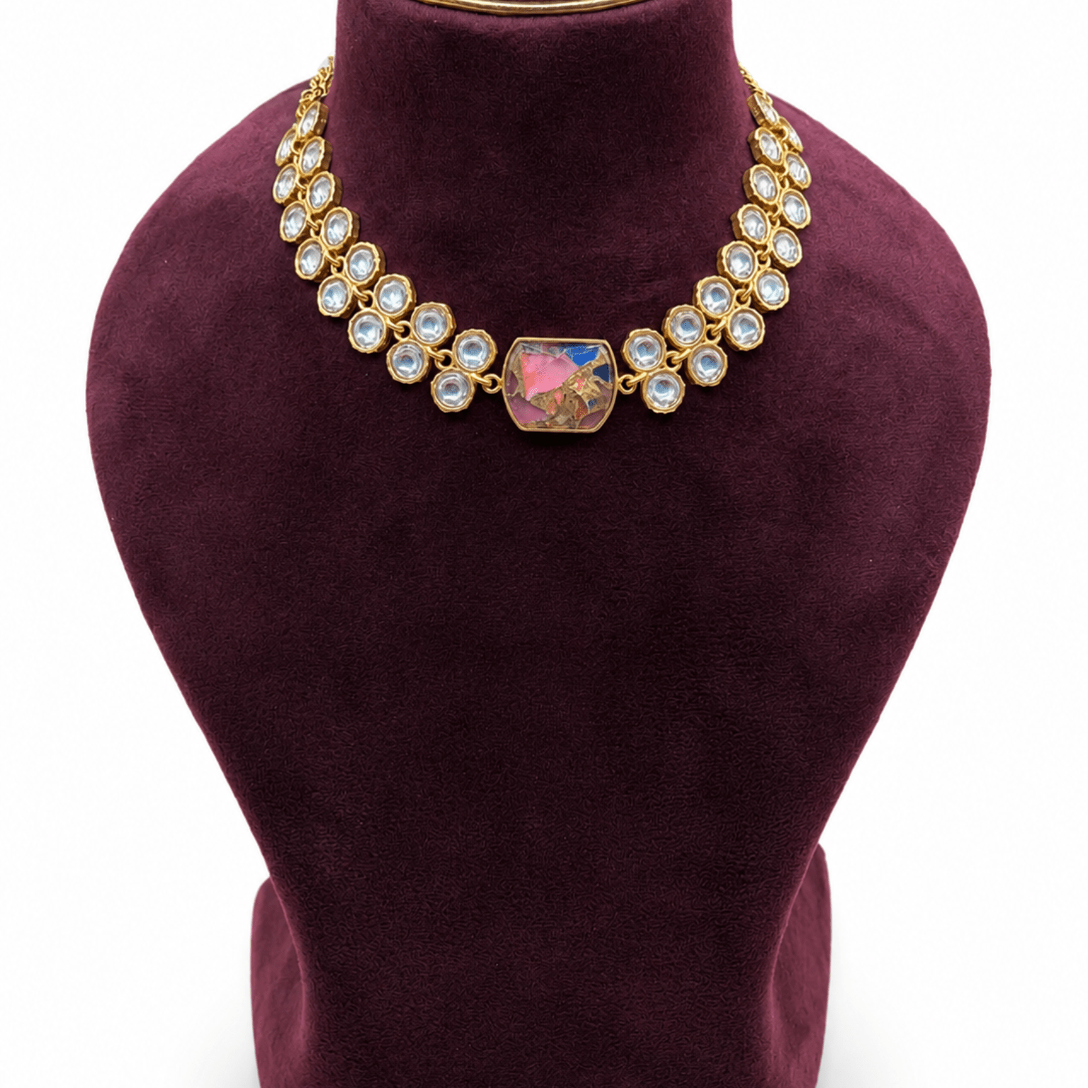 Pink & Blue Mixed Stone Kundan Necklace Set - Suramya Designs